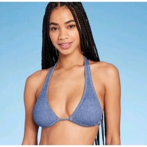 NEW Wild Fable Woman's Denim Textured Halter Triangle Bikini Top